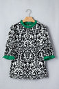 Green Damask Print Ruffled Color Block Detail Half Sleeve Blouse