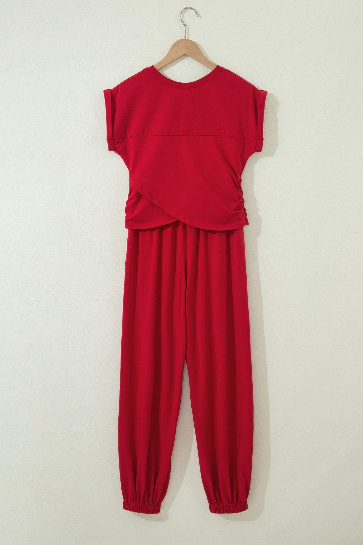 Racing Red Solid Color Cropped Tank Top and Jogger Pants Set