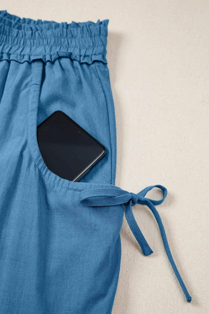 Prussian Blue Smocked Waist Casual Jogger Style Pants - Sweet Fashion Wholesale