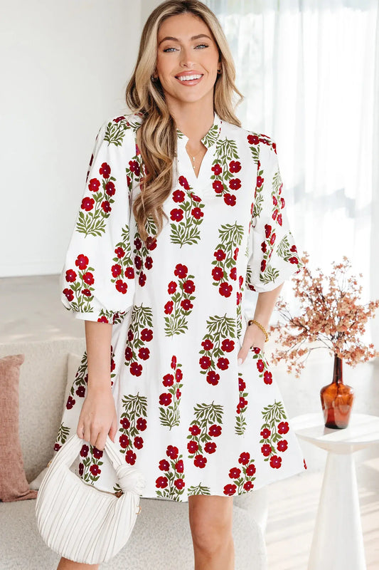 White Floral Print V Neck 3/4 Sleeve Loose Mini Dress - Sweet Fashion Wholesale