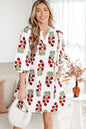 White Floral Print V Neck 3/4 Sleeve Loose Mini Dress - Sweet Fashion Wholesale
