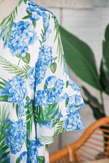 Sky Blue Palm Floral Print Contrast Ribbon Knot Ruffle Tiered Sleeve Mini Dress