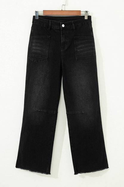 Black Frayed Cropped Straight Jeans