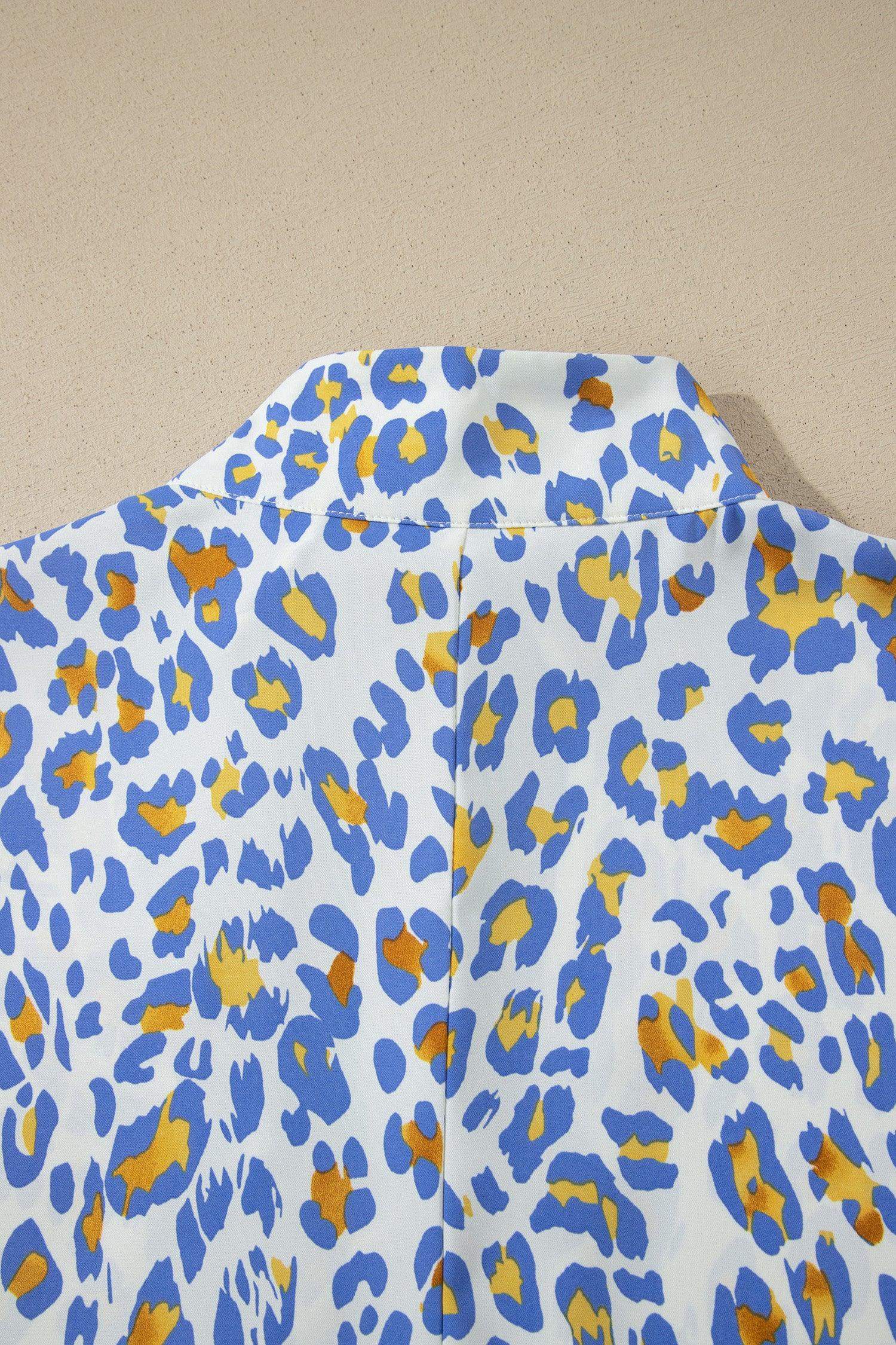 Sky Blue Leopard Color Block Contrast Striped V Neck Half Sleeve Loose Fit Blouse - Sweet Fashion Wholesale