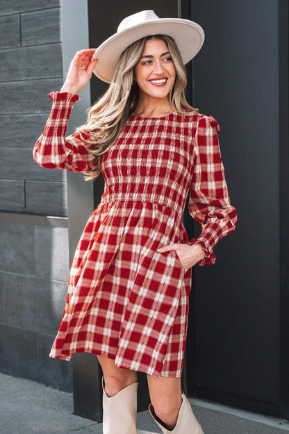Red Plaid Print Smocked Puff Sleeve Mini Dress - Sweet Fashion Wholesale