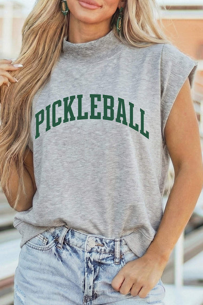 Light Grey PICKLEBALL Lettering Mock Neck Short Sleeve Top