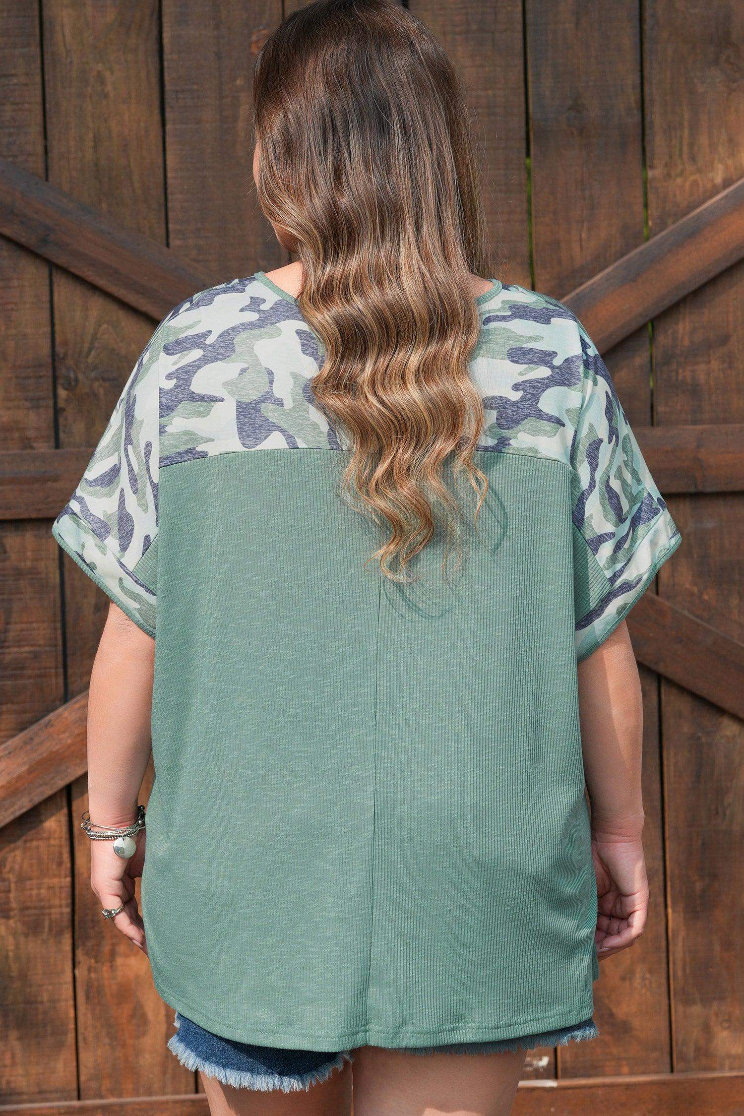Mist Green Ribbed Camouflage Patchwork Plus Size V Neck Tee - Sweet Fashion Wholesale