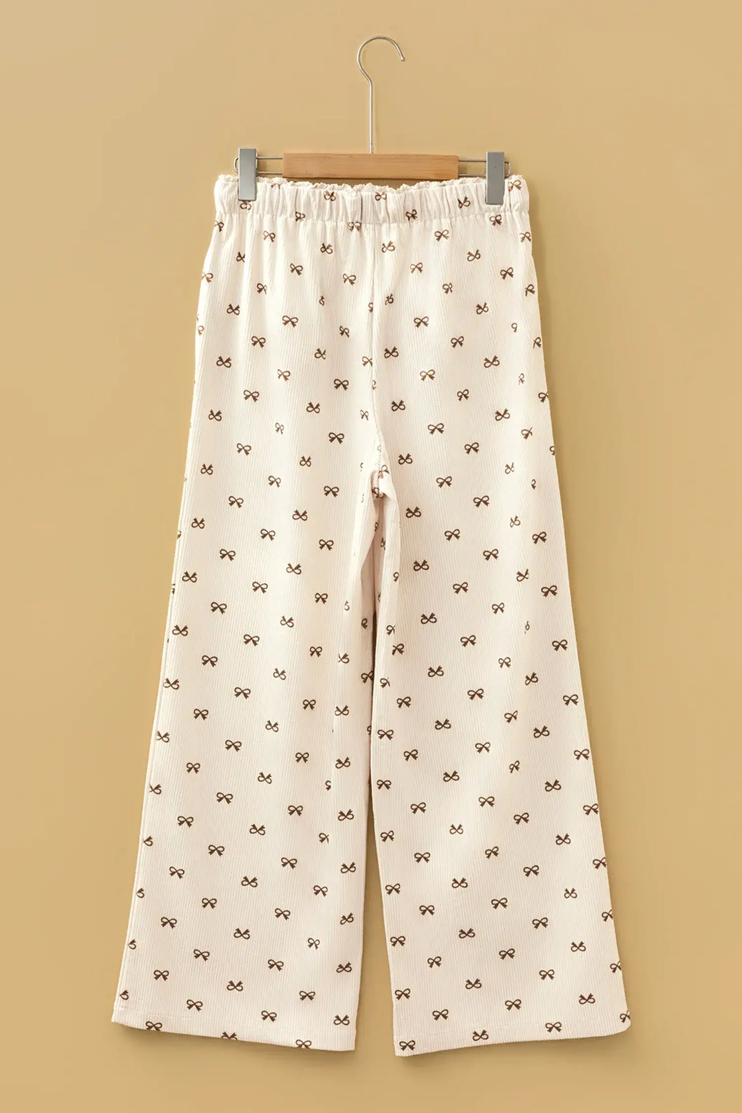 Apricot Bow Print Drawstring Elastic Waist Loose Corduroy Pants - Sweet Fashion Wholesale