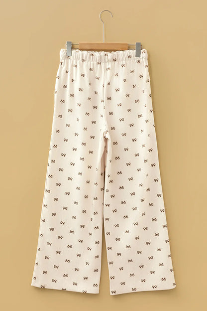 Apricot Bow Print Drawstring Elastic Waist Loose Corduroy Pants - Sweet Fashion Wholesale