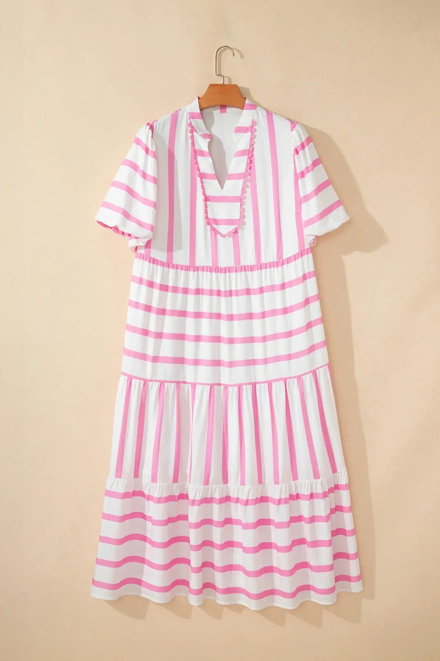 Pink Stripe Plus Size V Neck Short Puff Sleeve Tiered Maxi Dress - Sweet Fashion Wholesale
