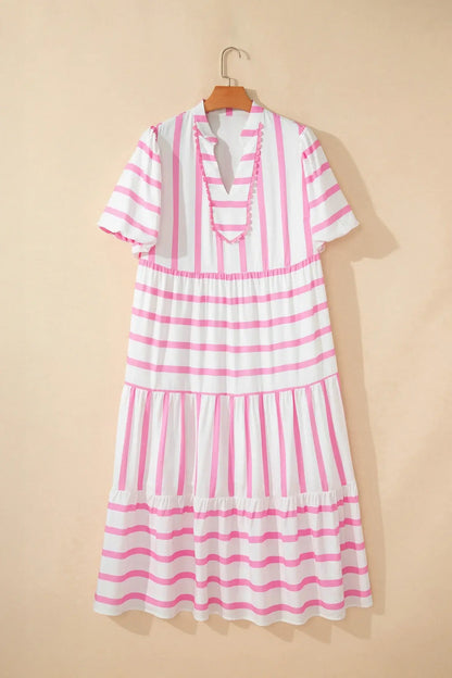 Pink Stripe Plus Size V Neck Short Puff Sleeve Tiered Maxi Dress - Sweet Fashion Wholesale