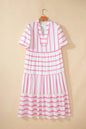 Pink Stripe Plus Size V Neck Short Puff Sleeve Tiered Maxi Dress - Sweet Fashion Wholesale