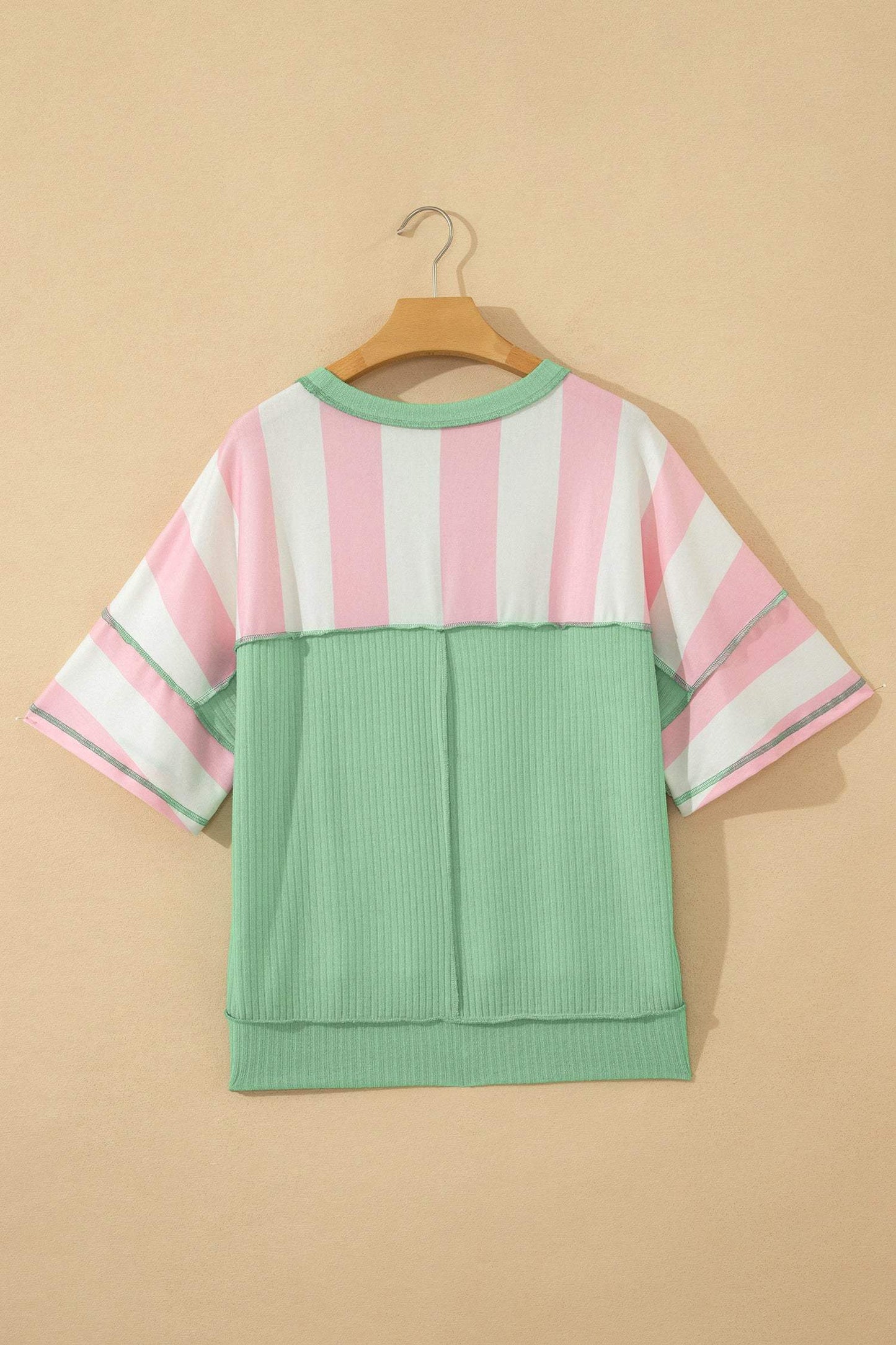 Green Stripe Exposed Seam Ribbed Patchwork Oversized Tee