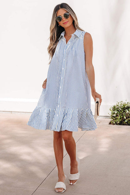 Sky Blue Stripe Shirt Collar Shirred Detail Ruffle Hem Sleeveless Dress