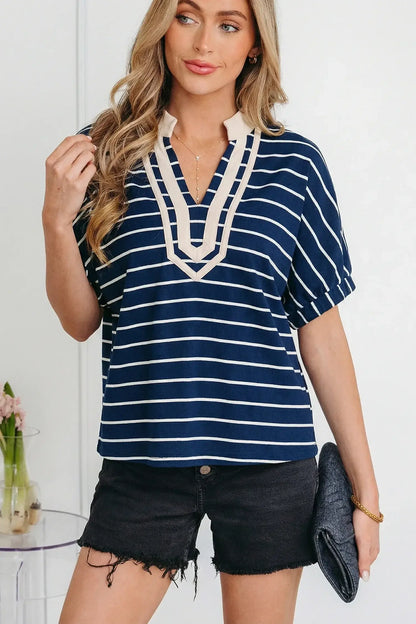 White Stripe Stand Collar V Neck Elastic Cuffs Half Sleeve Dolman Top - Sweet Fashion Wholesale
