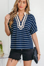 White Stripe Stand Collar V Neck Elastic Cuffs Half Sleeve Dolman Top - Sweet Fashion Wholesale