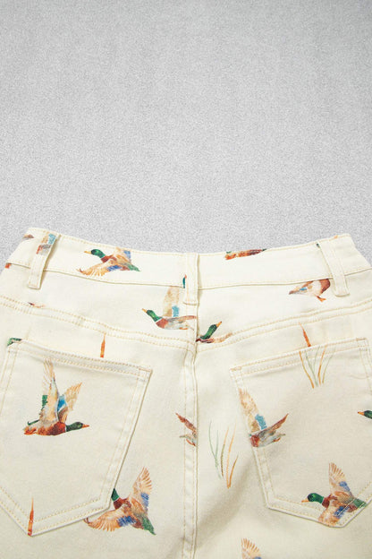 Beige Stylish Mallard Printed Cuffed Hem Shift Jeans