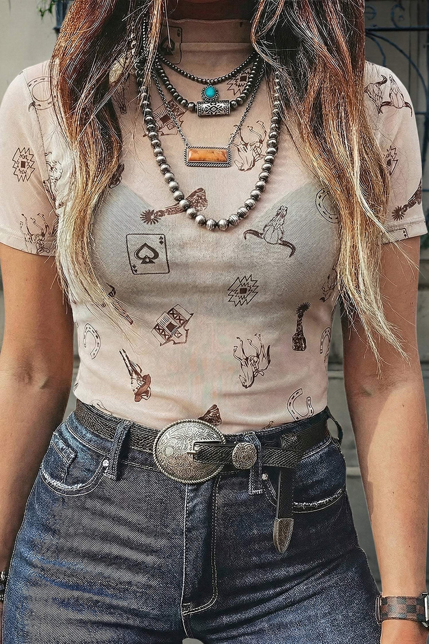 Camel Leopard Printed Mesh Short Sleeve Top