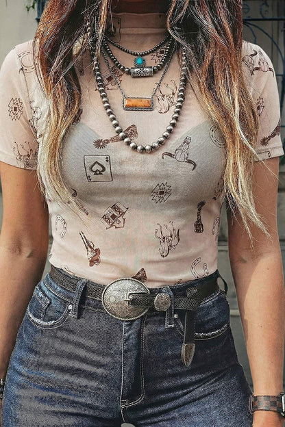 Camel Leopard Printed Mesh Short Sleeve Top