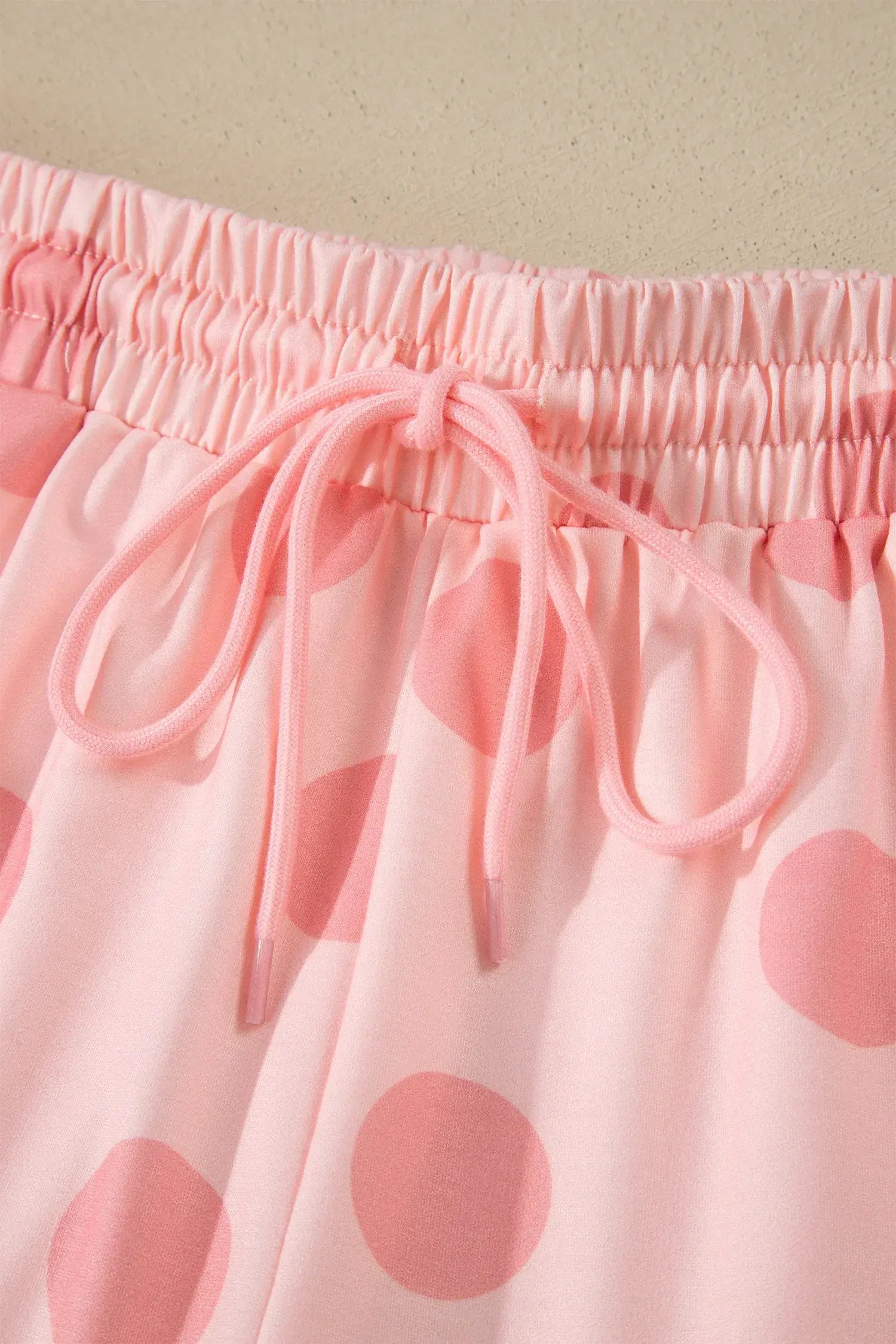 Pink Polka Dot Print Loose Tee Drawstring Elastic Waist Short Set - Sweet Fashion Wholesale