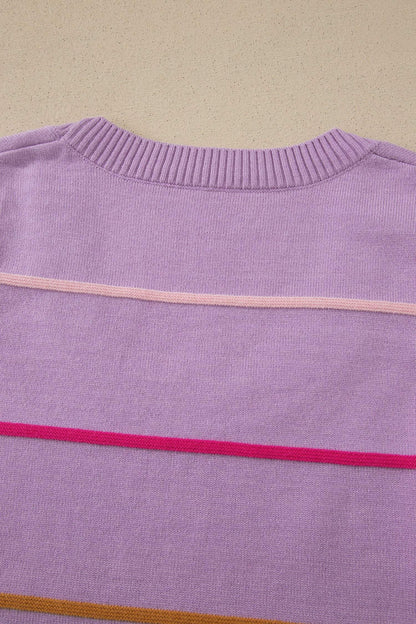 Purple Stripe Round Neck Knitted Sweater Tank