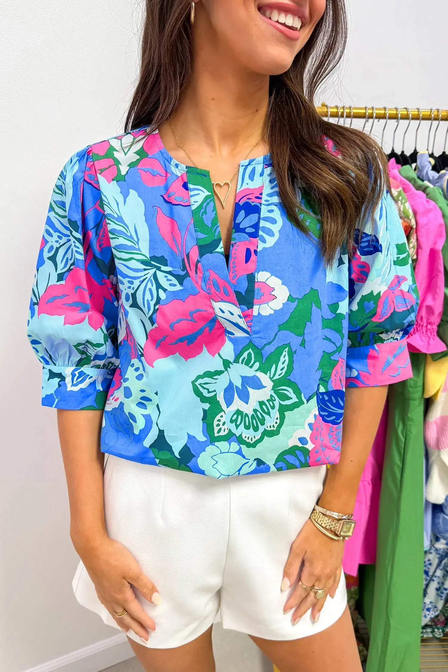 Sky Blue Floral Print V Neck Half Sleeve Blouse - Sweet Fashion Wholesale