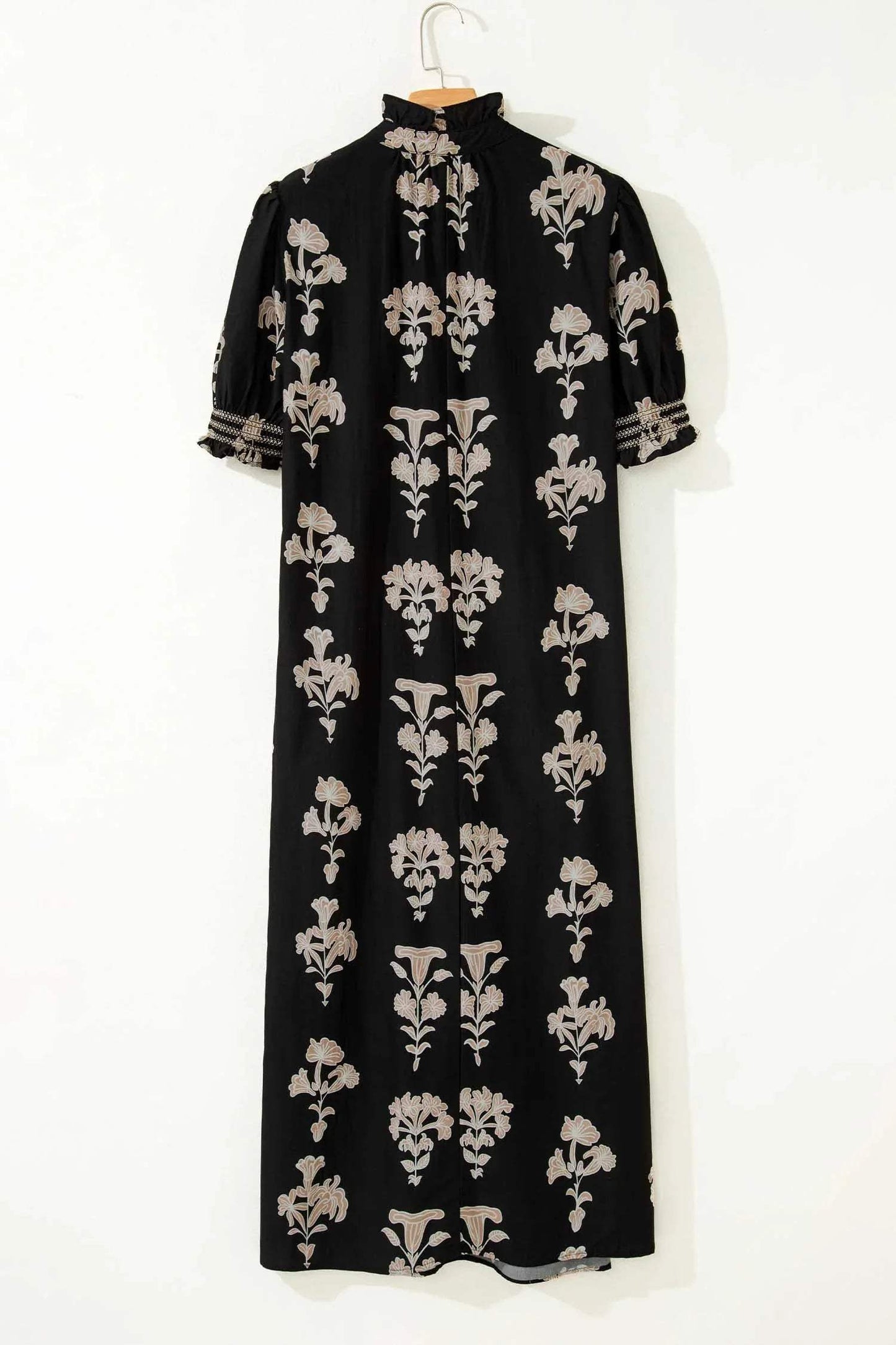 Black Floral Print Frilled Collar Short Puff Sleeve Maxi Dress - Sweet Fashion Wholesale