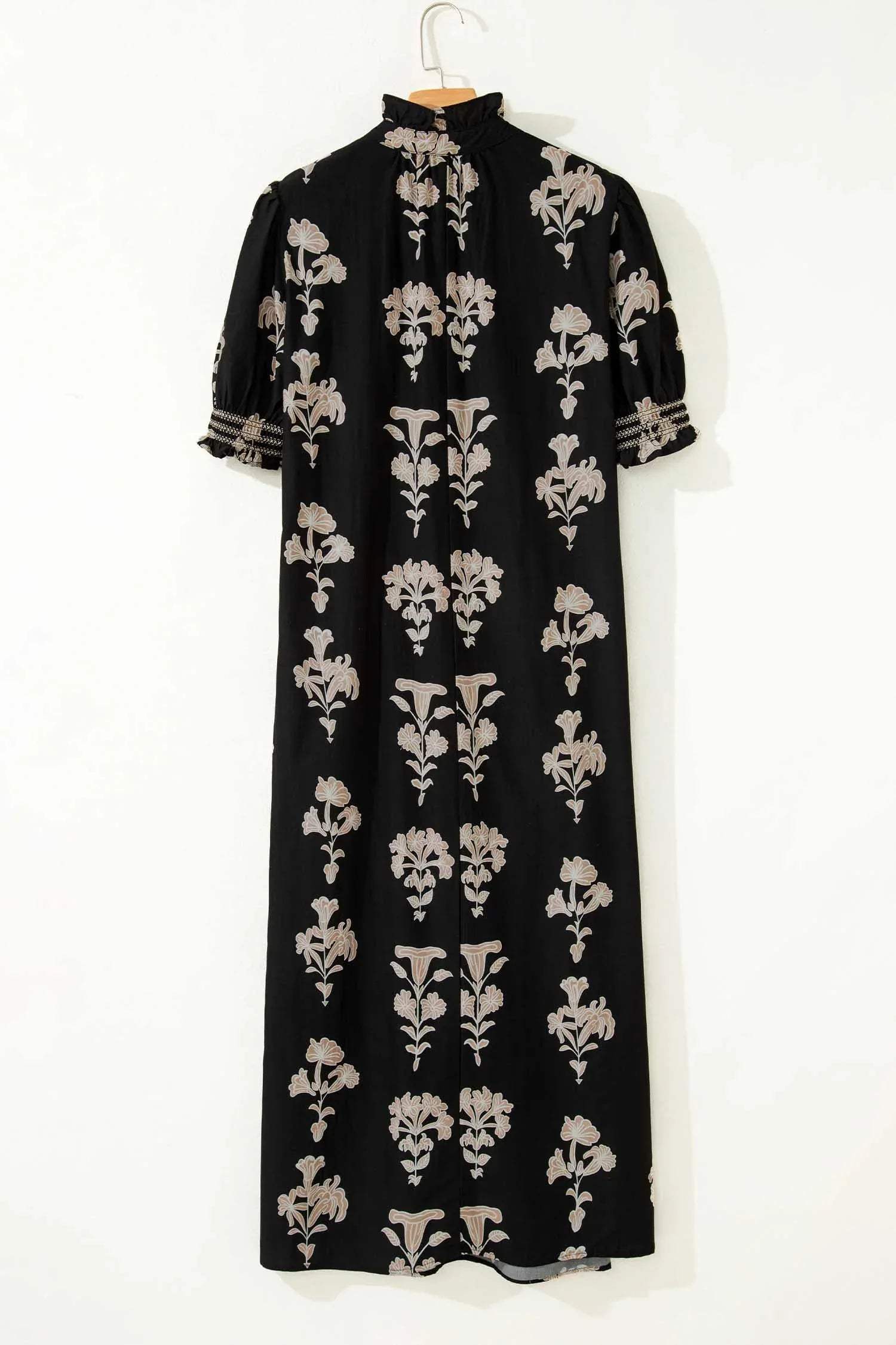 Black Floral Print Frilled Collar Short Puff Sleeve Maxi Dress - Sweet Fashion Wholesale
