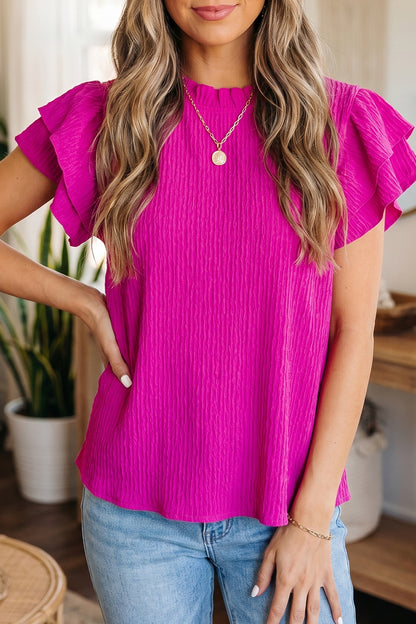 Black Solid Color Textured Ruffle Trim Short Sleeve Blouse