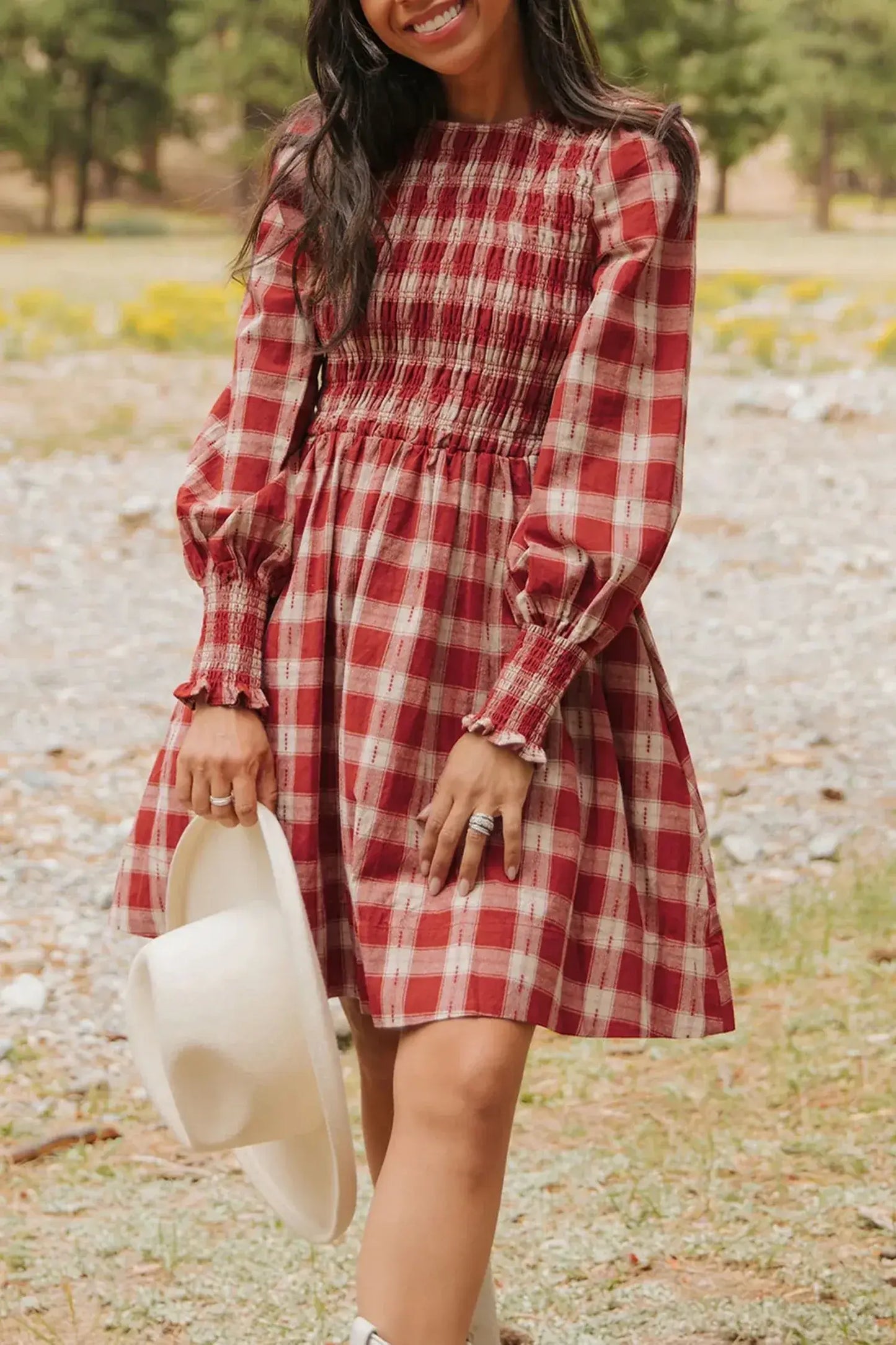 Red Plaid Print Smocked Puff Sleeve Mini Dress - Sweet Fashion Wholesale