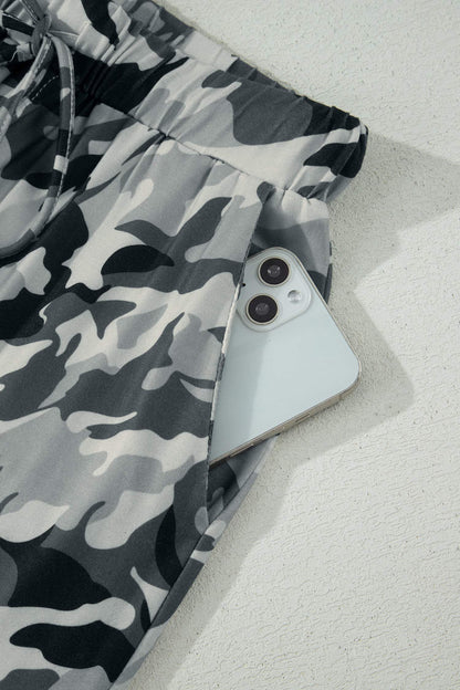 Green Camouflage Print Drawstring Casual Pants