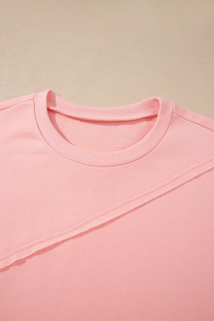 Pink Colorblock Striped Patchwork Long Sleeve Round Neck Blouse