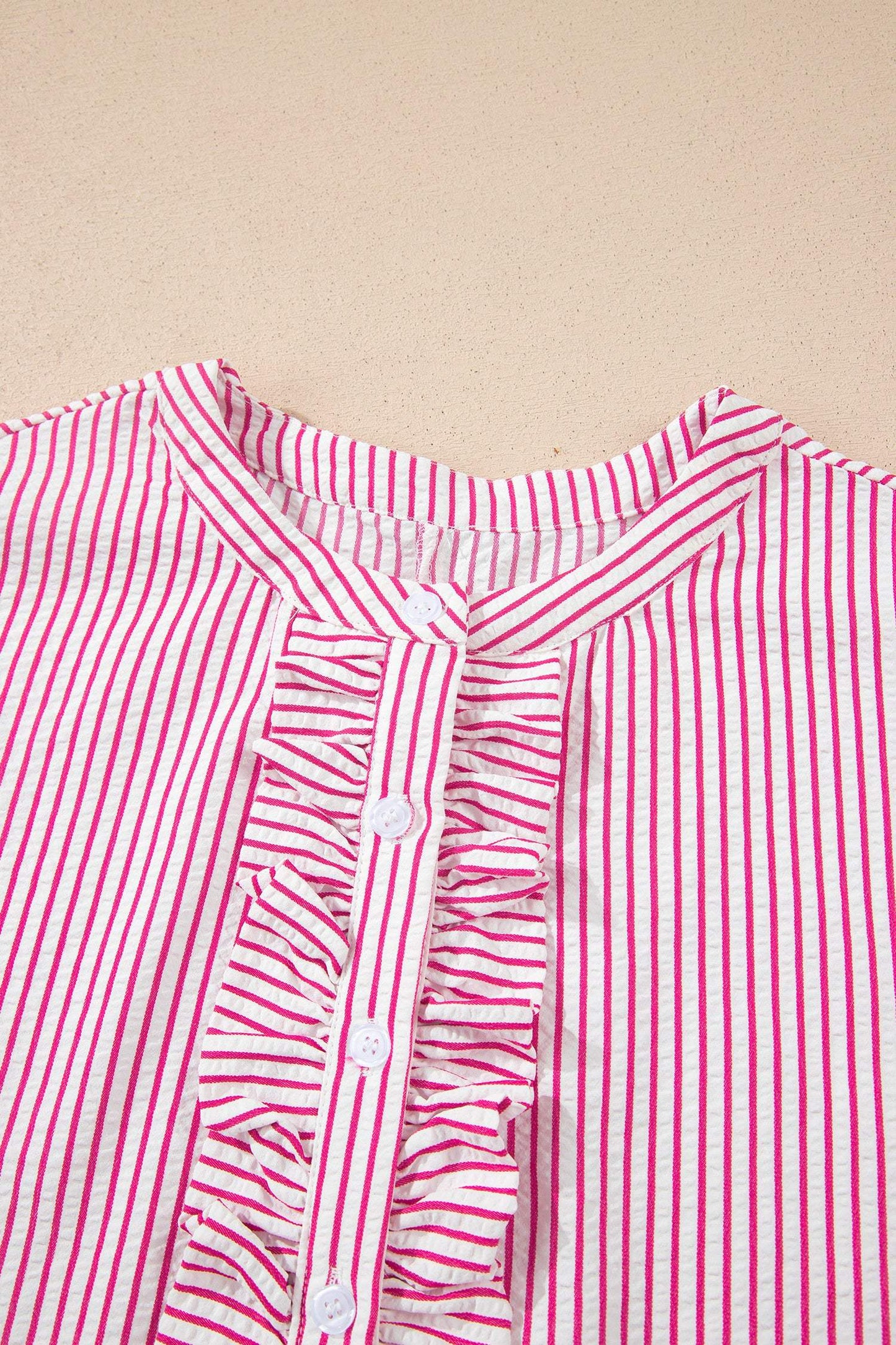 Red Stripe Frilled Detail Half Buttons Short Sleeve Long Dress