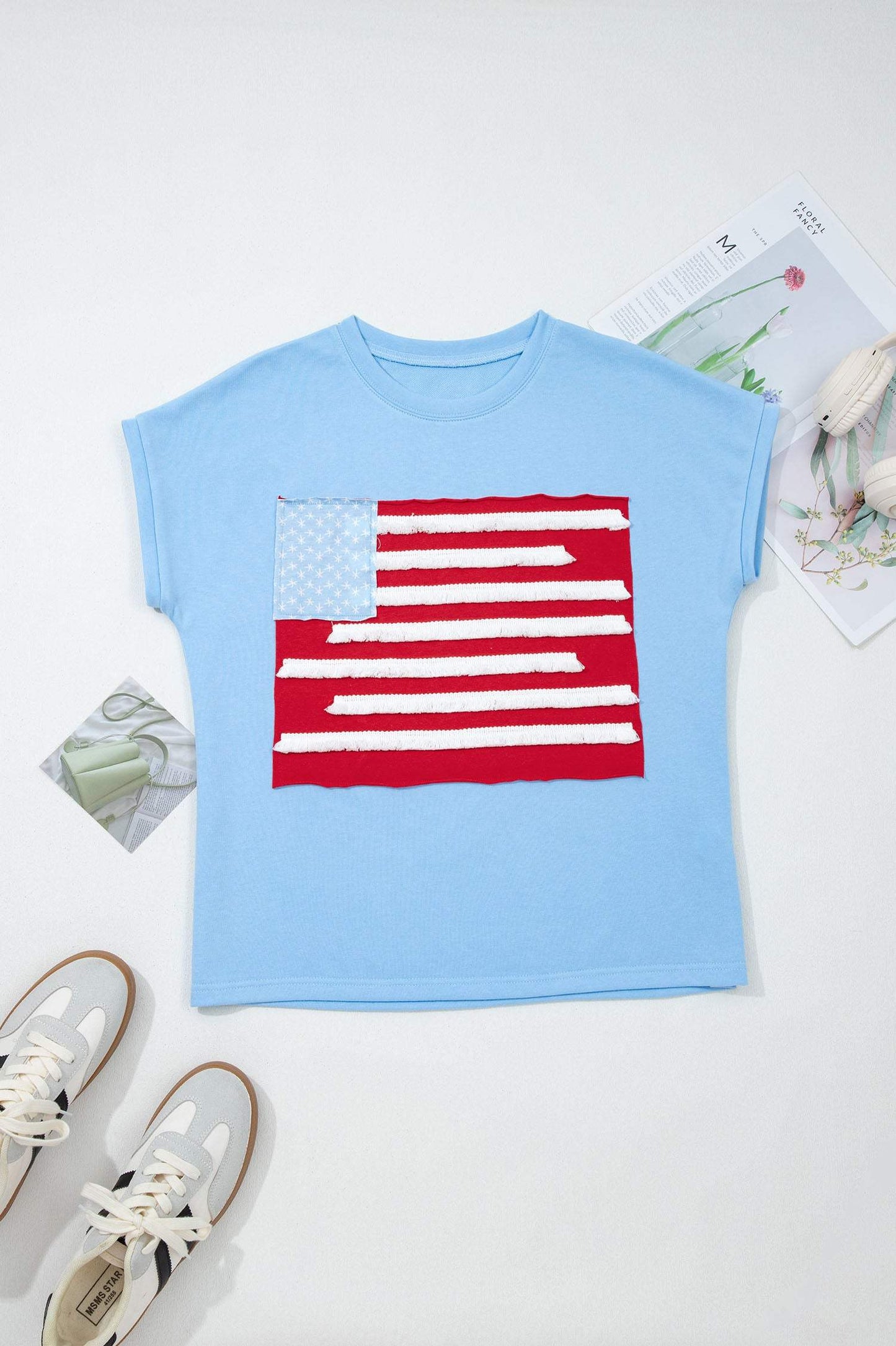 Mist Blue USA Flag Textured Patchwork Cap Sleeve Tee