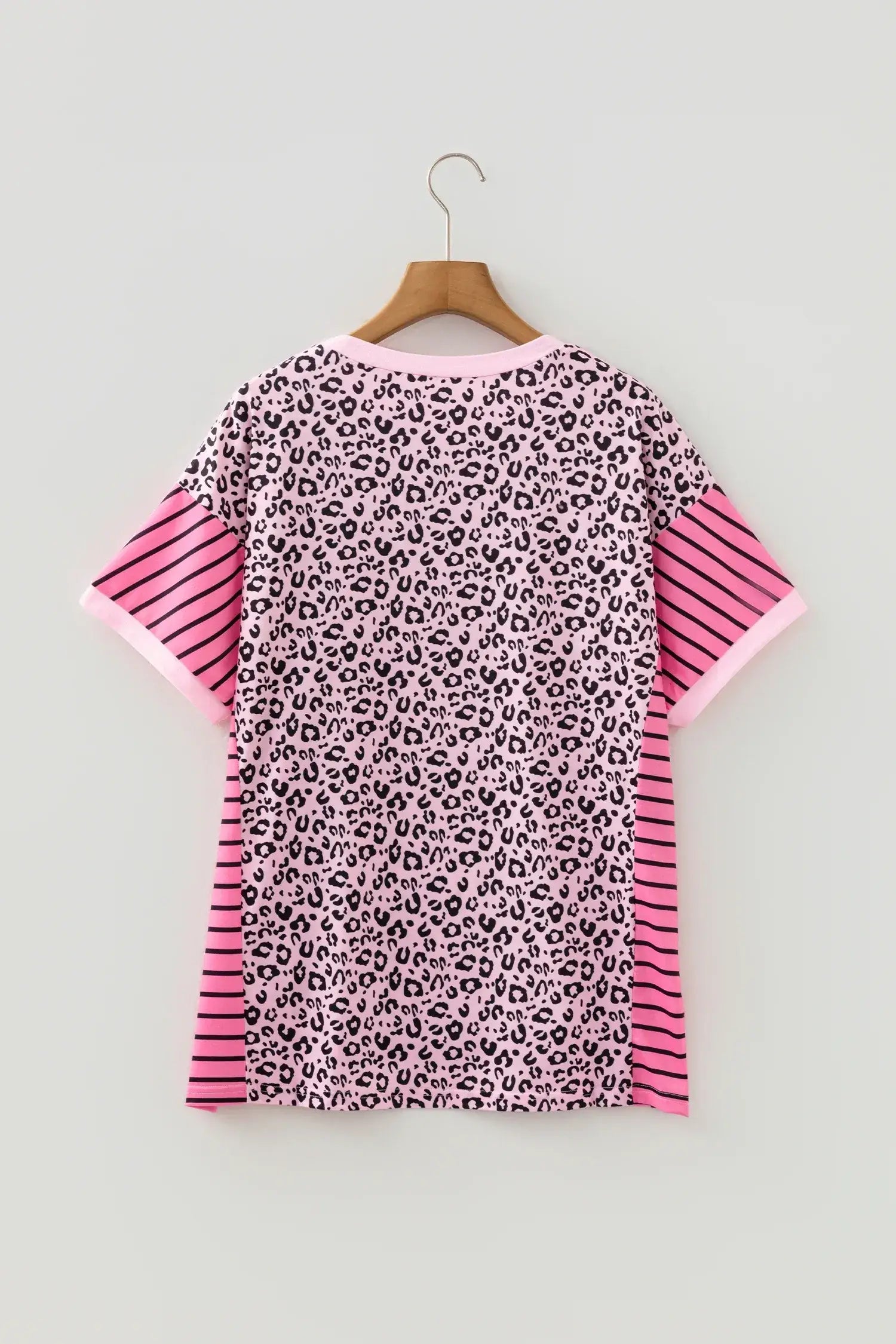 Pink Leopard Striped Patchwork Side Slit Loose Short Sleeve Top - Sweet Fashion Wholesale