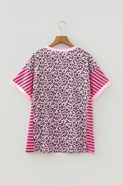 Pink Leopard Striped Patchwork Side Slit Loose Short Sleeve Top - Sweet Fashion Wholesale