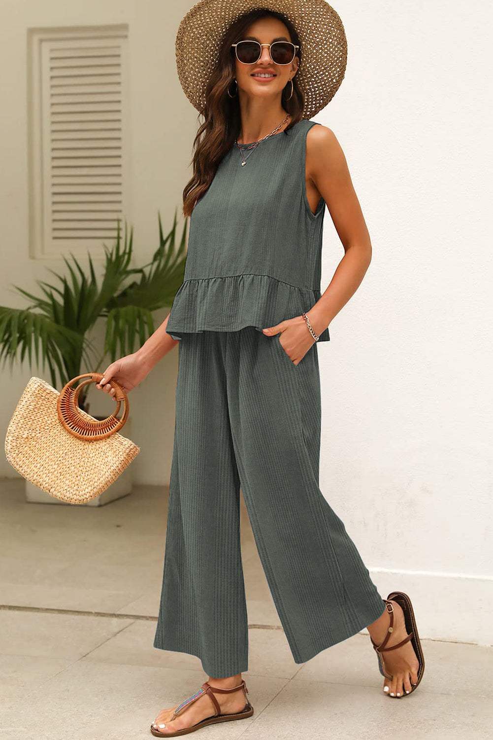 Beau Blue Solid Color Ribbed Ruffle Tank Top and Pants Set