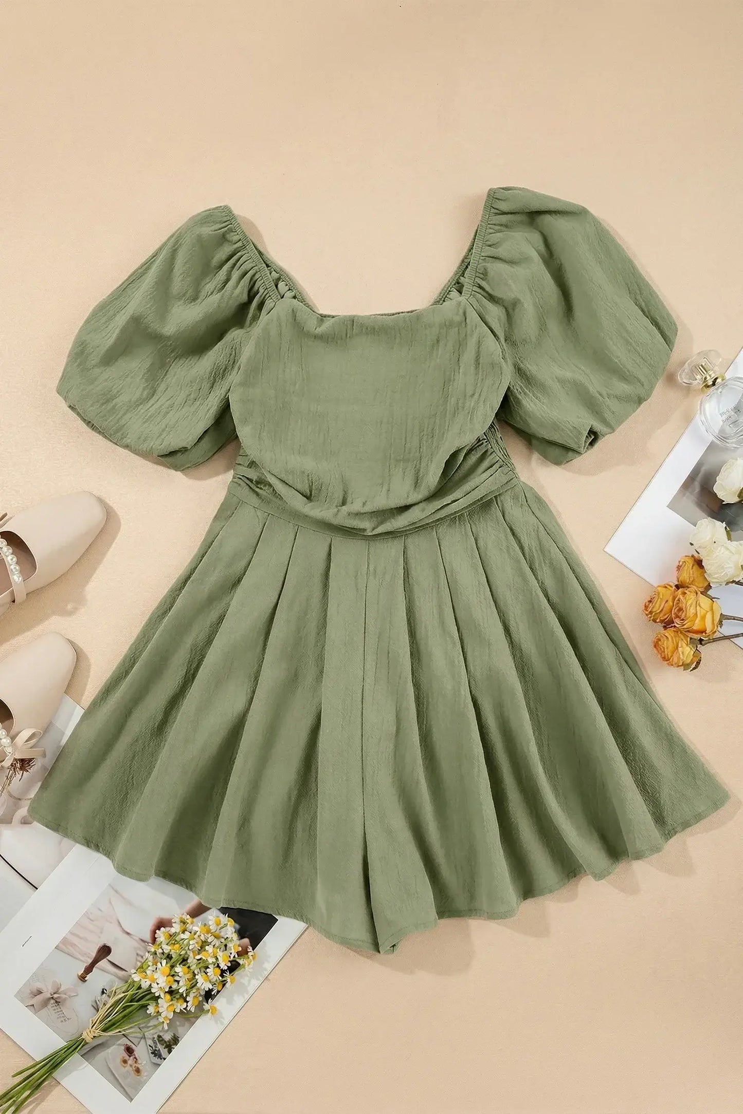 Jungle Green Square Neck Ruched Puff Sleeve Romper - Sweet Fashion Wholesale