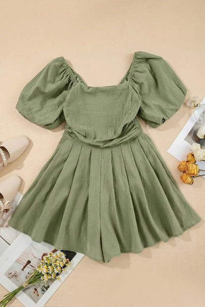 Jungle Green Square Neck Ruched Puff Sleeve Romper - Sweet Fashion Wholesale