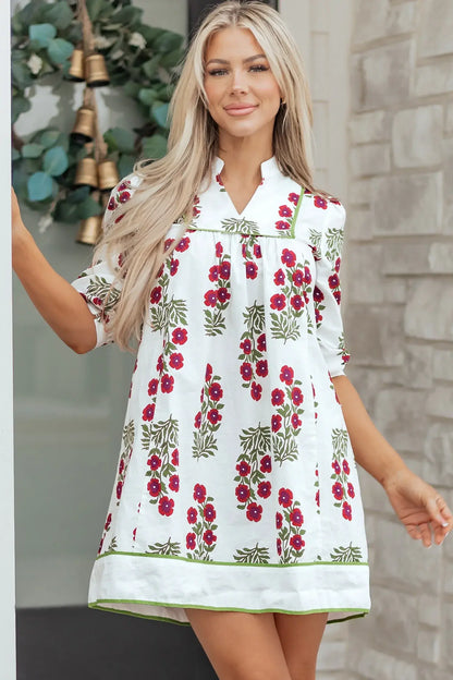 White Frilled V Neck 3/4 Sleeve Loose Floral Dress - Sweet Fashion Wholesale