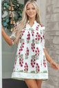 White Frilled V Neck 3/4 Sleeve Loose Floral Dress - Sweet Fashion Wholesale