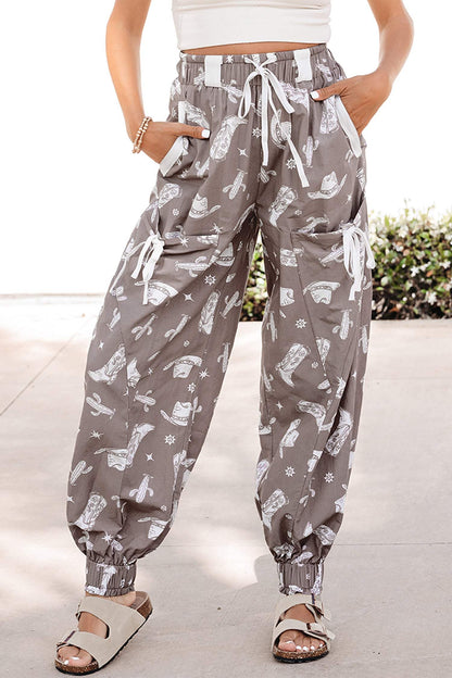 Khaki Western Cactus Cowgirl Hat Boot Printed Vintage Drawstring Jogger Pants