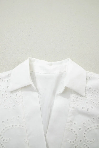 White Solid Color Eyelet Embroidered T Shirt Mini Dress - Sweet Fashion Wholesale