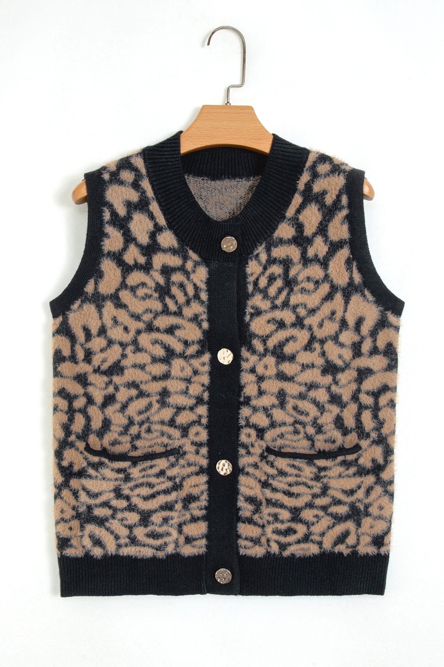 Pink Leopard Print Knit Sleeveless Regular Wash Sweater Vest