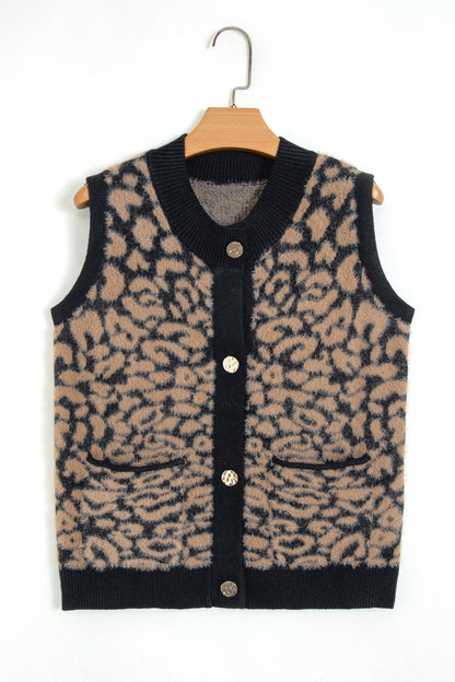 Pink Leopard Print Knit Sleeveless Regular Wash Sweater Vest