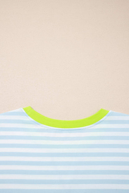 Yellow Stripe Contrast Neck Loose Tee and Drawstring Shorts Set