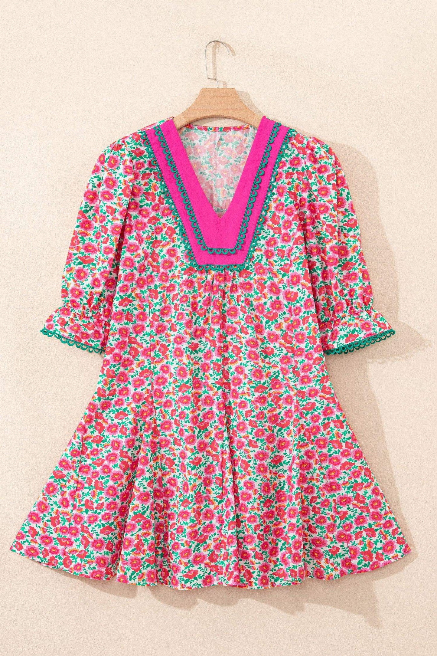 Pink Floral Print V Neck Patchwork Short Bubble Sleeve Mini Dress - Sweet Fashion Wholesale