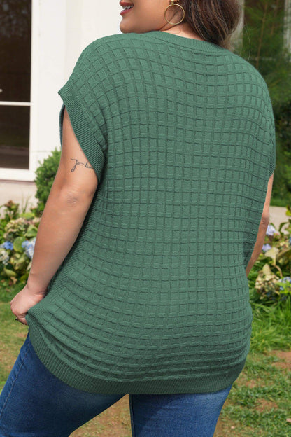 Mist Green Plus Size Solid Color Textured Knit Short Sleeve Sweater - Sweet Fashion Wholesale