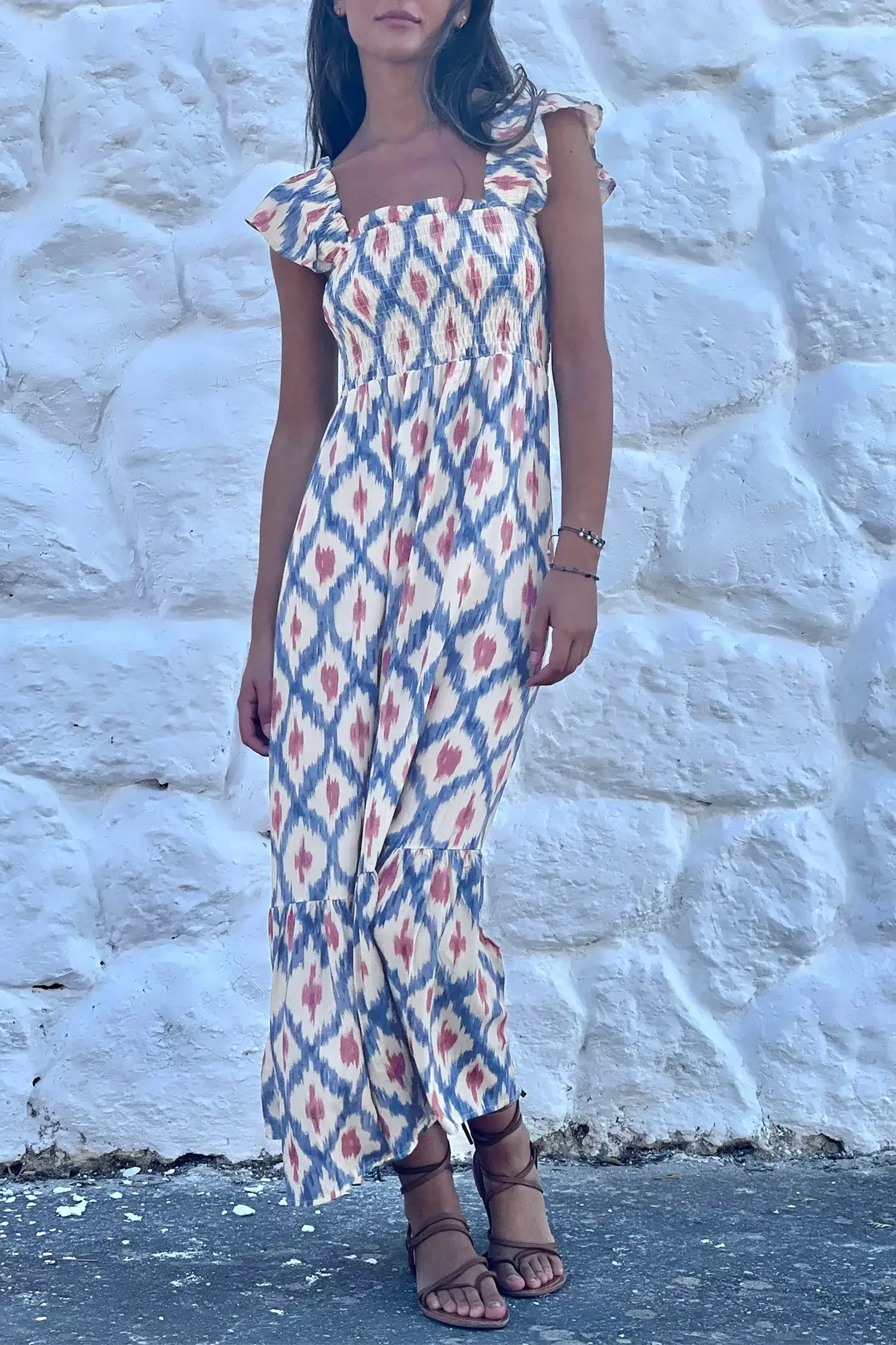 Sky Blue Ethnic Geometric Print Square Neck Smocked High Waist Ruffle Sleeve Dress - Sweet Fashion Wholesale