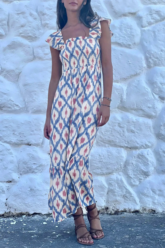 Sky Blue Ethnic Geometric Print Square Neck Smocked High Waist Ruffle Sleeve Dress - Sweet Fashion Wholesale